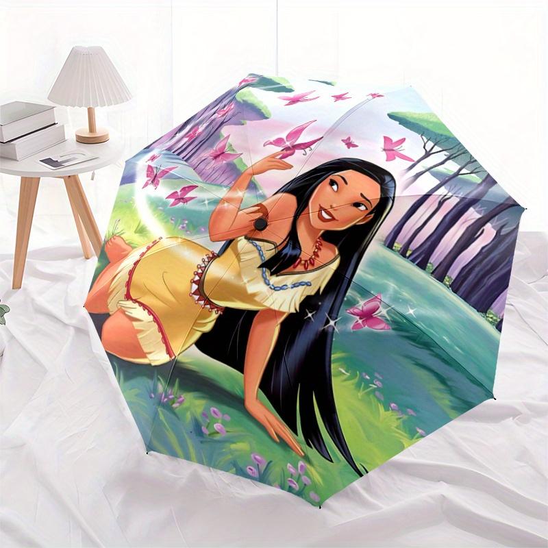 

1pc Pocahontas Butterfly Garden Auto Open Close Umbrella - Portable 3-Fold Design, 8-Bone Iron Frame Outdoor Umbrella, Perfect Gift for Fans