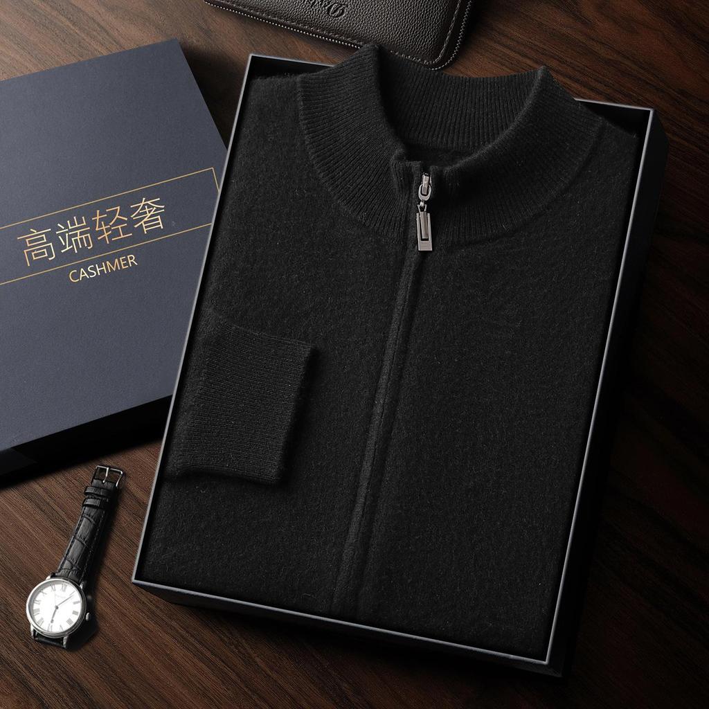 Men's Cashmere Half-High Collar Knit Cardigan with Double Zipper
