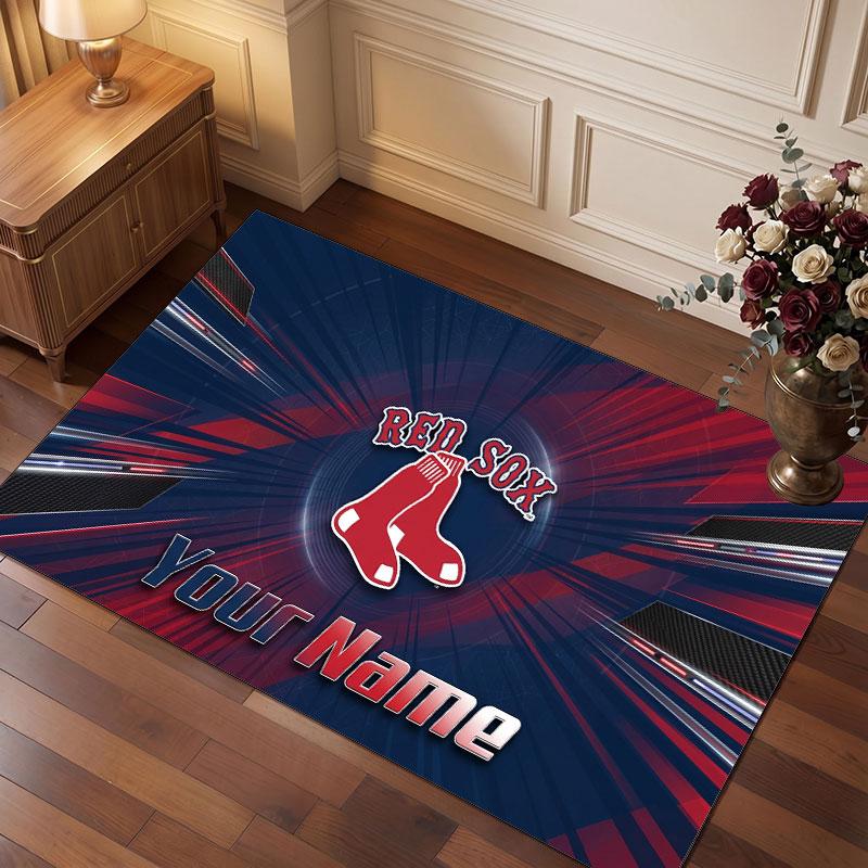 Boston Red Sox Personalized Crystal Velvet Carpet, Customized Name Text Soft Anti‑Slip Rug for Living Room Bedroom