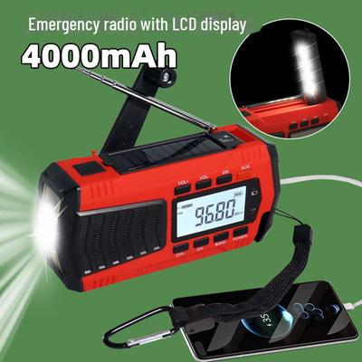Cross-Border Emergency Radio with LCD Display & Flashlight, 4000mAh Battery, Hand-Crank & Solar Charging, Ideal for Camping.