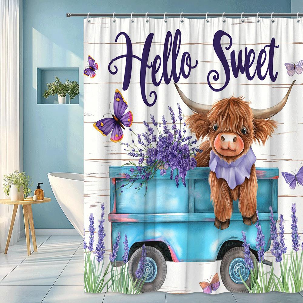 

Hello Sweet Cow Shower Curtain Lavender Field Butterflies Farmhouse Style Cute Animal Decor Waterproof Free Hooks Included W60H190(CM)-1 Pcs