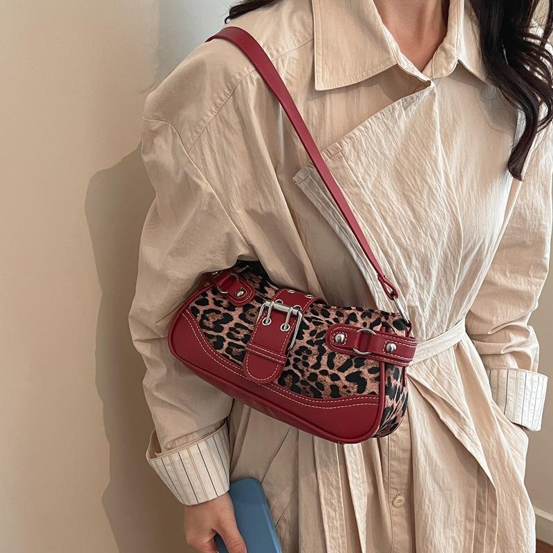 Vintage Leopard Belt Shoulder Bags for Women Versatile Y2k Cool Hot Girls Underarm Bag Thread Design Ladies Phe Handbags