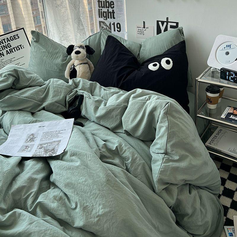 Ins  Big Eyes Cowboy Blue Solid Color Beding Set  Duvet Cover Bed Sheet Simple Dormitory Queen King Size