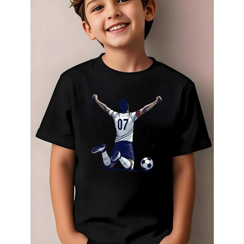 European sizes Fashionable Short-Sleeved T-Shirt for Boys, Featuring a Football Celebration Theme:
