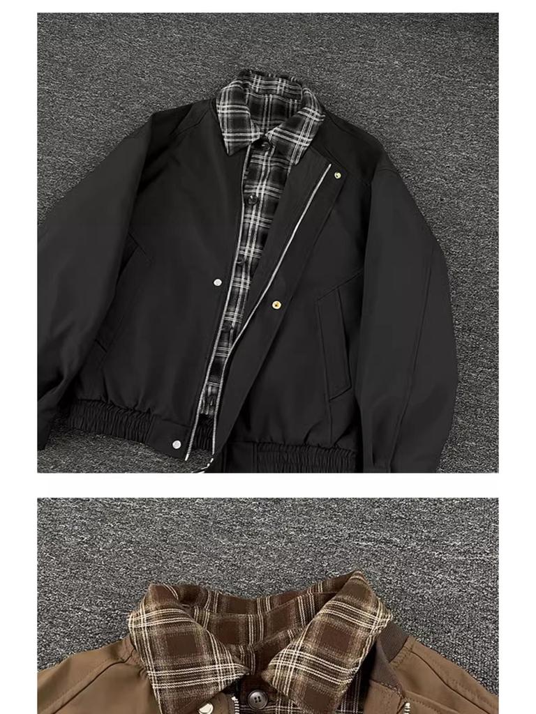 Men's Retro Plaid Patchwork Flight Jacket - Brown Casual Baseball Style