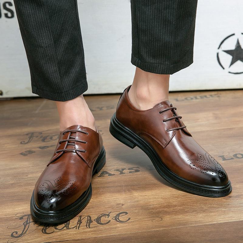 Brock Leather Shoes Men's Carved British Style Business Dress Casual Large Size Hairstylist Wedding Groom Shoes Brown