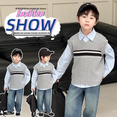 Autumn 2025 Boys' V-Neck Color Block Knitted Vest - Toddler Fashion Tank Top