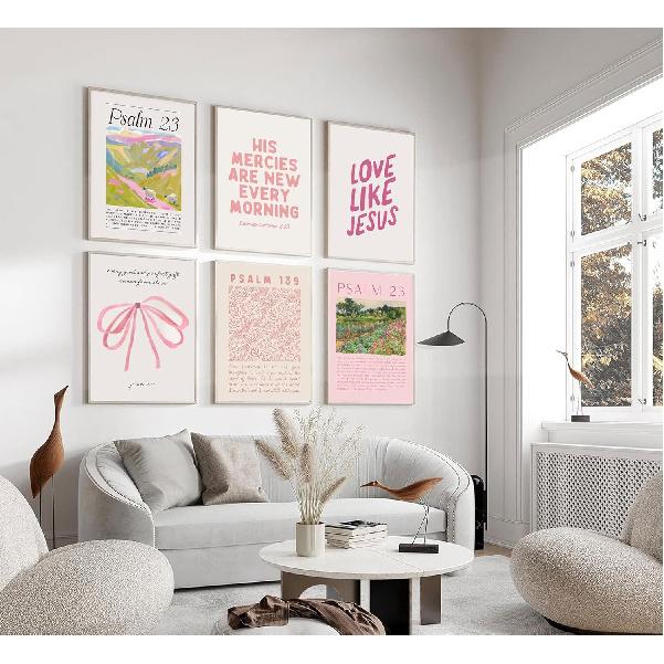 6Pcs Christian Wall Art Pink Bible Verse Canvas Bow Paintings Cute Preppy Posters Coquette Aesthetic Prints Trendy Scripture Jesus Picture Wall Decor