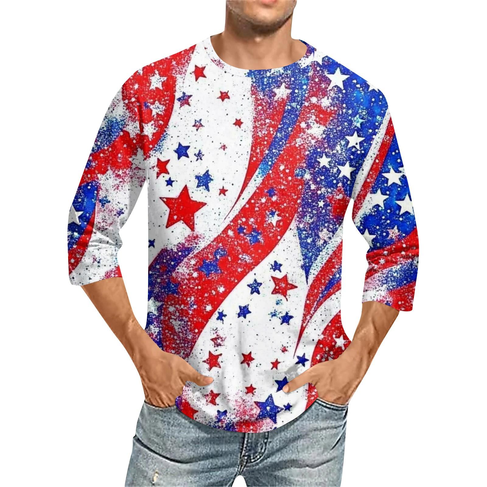 Men s Fashion Casual Independence Day Print  Neck Seven-point Sleeve Top T-shirt XL белый
