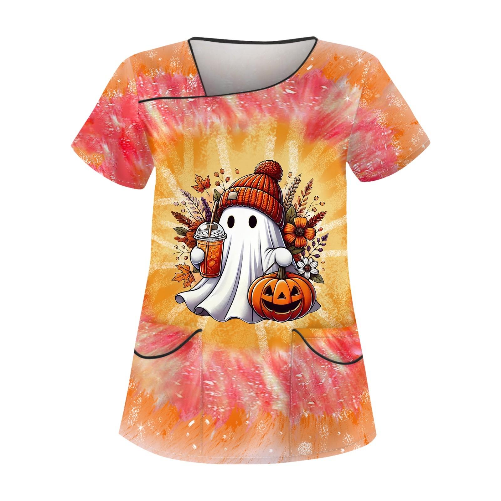 

Женская рабочая одежда с принтом на Хэллоуин, косым воротником и двухслойными карманами, базовые топы, пуловер M оранжевый