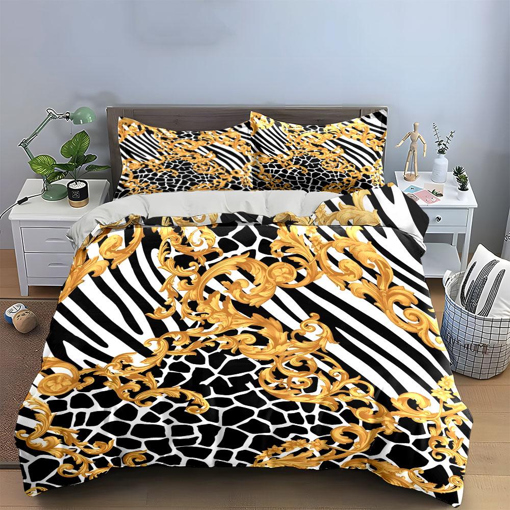 Golden Baroque And Animal Print Set - Elegant Home Decor Kid'S And Adults' Bedroom Decor, 3Pc Bedding Set Gift