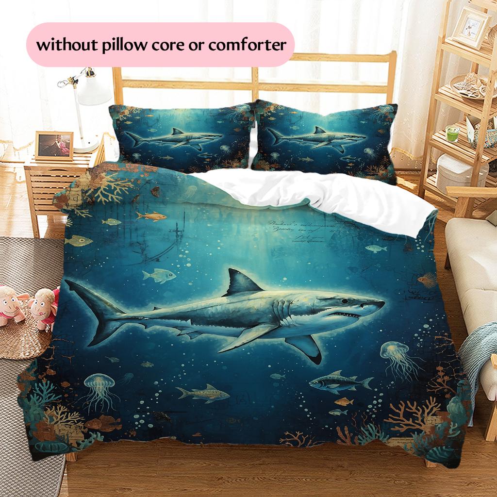 Sea Fish Ink Painting Pattern Bedding Home Decoration Birthday Gift (1 * duvet cover + 2 * pillowcase, without core)