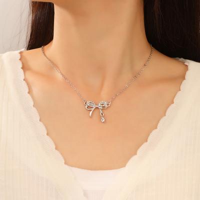 1 STÜCK Koreanische Mode Schleifenkette für Frauen Mädchen Silberfarbe Elegante Zirkon-Halsketten Funkelnde Schlüsselbeinkette Schmuck