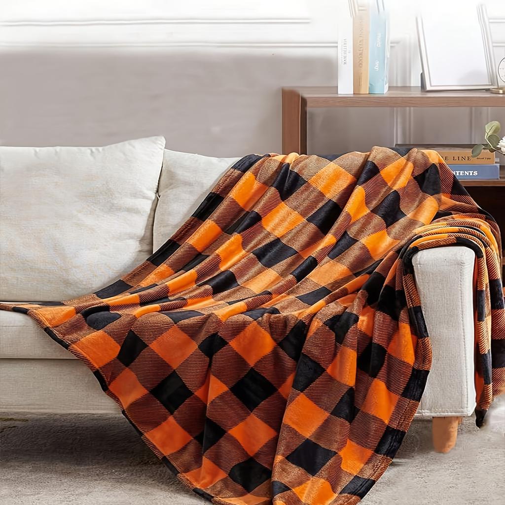 1pz Plaid Arancione di Bufalo Coperta - Morbida, Calda e Soffice Coperta a Quadri per Divano o Letto, Leggera Stile Rustico Halloween