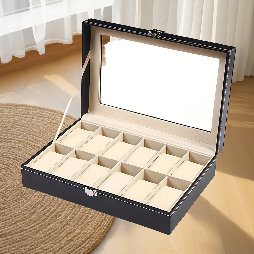 High-Value Faux Leather 12-Position Watch Storage Box Wristwatch Window Display Large Capacity with Lid Watch Box