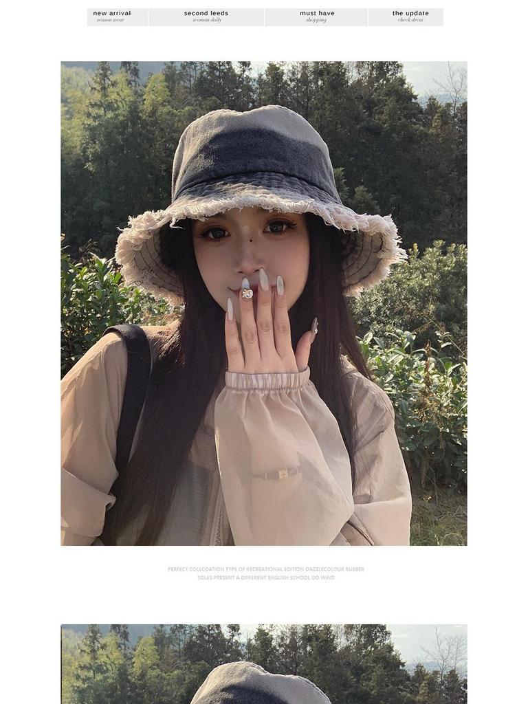 Japanese Retro Women's Denim Fisherman Bucket Hat, Distressed Sunshade for Larger Head, Face Slimming Sun Protection.