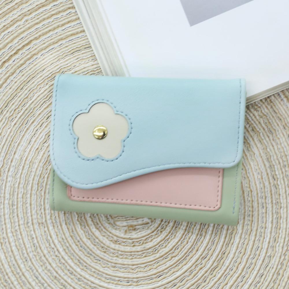 Flower Short Folding Card Bag PU Trifold Wallet Cute Color-matching Purse Travel