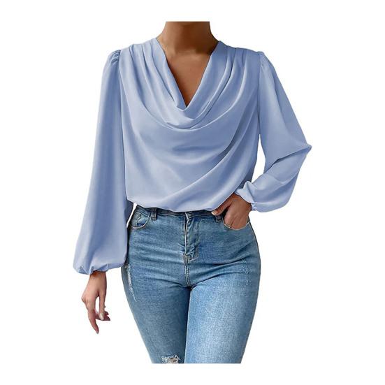 Chiffon-Hemd für Damen, drapierter Kragen, Laternenärmel, Pullover-Oberteile, einfarbig, lockere Passform, Pendler-Oberteil für den Alltag