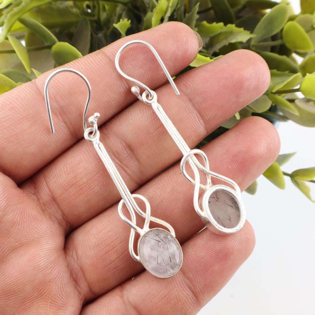 Black Rutile Earrings, Handmade Gemstone Earrings, 925 Solid Sterling Silver Earrings Antique Jewelry, For Anniversary Gift