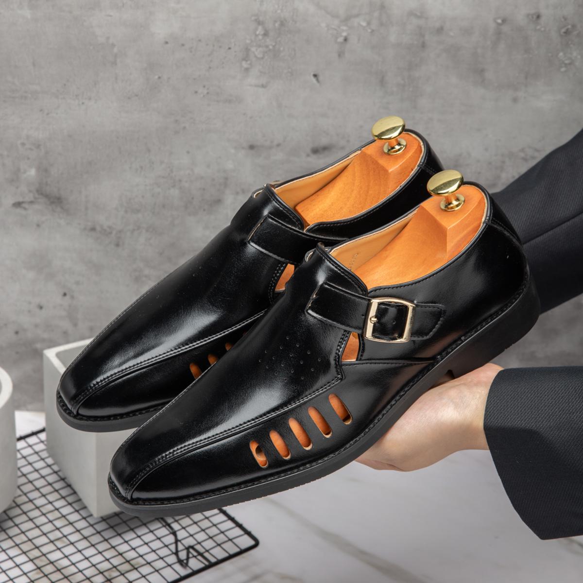 

High Quality Men Business Leather Sandals Summer Hollow Out Breathable Formal Dress Shoes Buckle Strap Male Office Work Shoes 38 чёрный