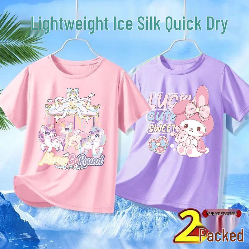 Girls' Ice Silk Mesh T-Shirt, Short Sleeve, Quick-Dry, Breathable, 2026 Style for Medium & Large Children