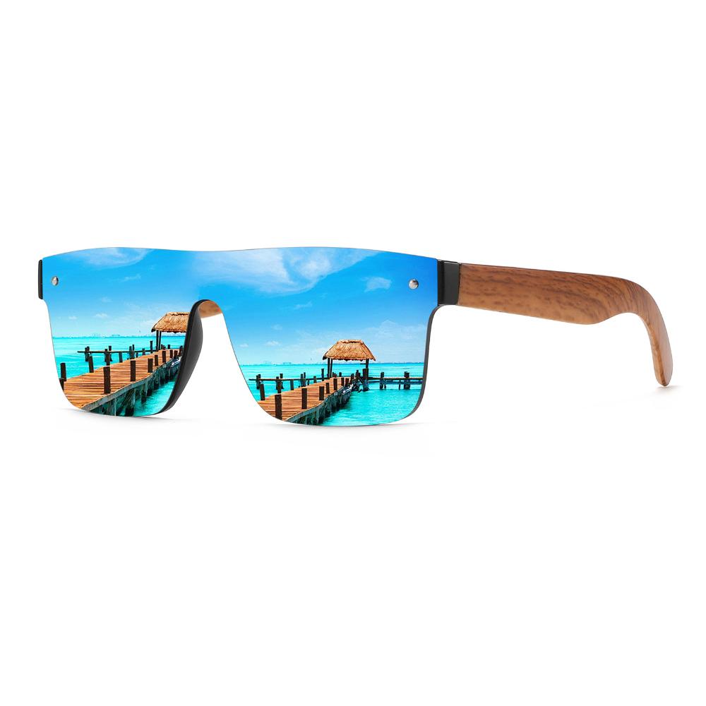 Polarized Sun Glasses Flat Top Square Frame Luxury Wood Grain Temples Women Eyeglasses Retro Square UV400 Outdoor Goggles