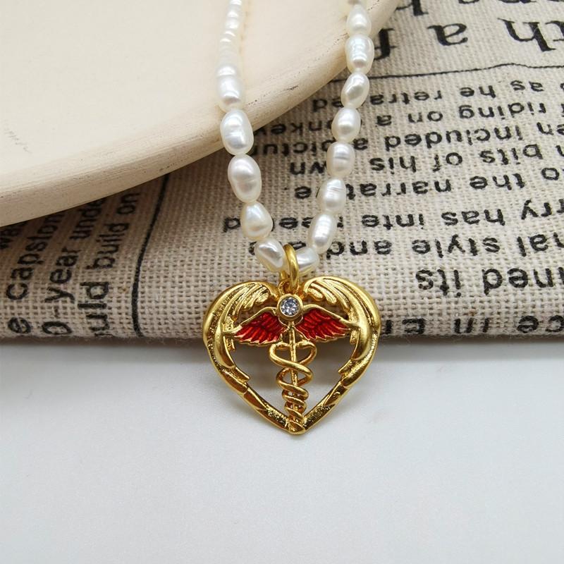 Retro necklace geometric cut out freshwater pearl heart clavicle chain enamel angel oil drop necklace золотой