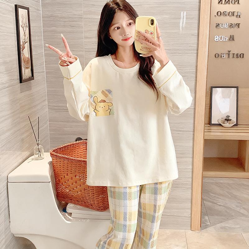 Milk Coffee Puppy Cartoon Pajamas Women's Spring and Autumn Plaid Long Suit Cotton Casual Can Be Worn Outside Women's Loungewear