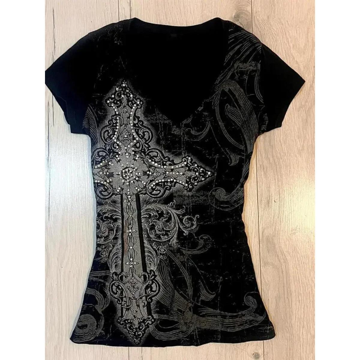 

TrendHub Летние Базовые Укороченные Топы Эстетика Y2k Принт Тай-дай Женские Гранж Футболки Винтажные Облегающие Харадзюку Повседневные Черные Футболки S чёрный