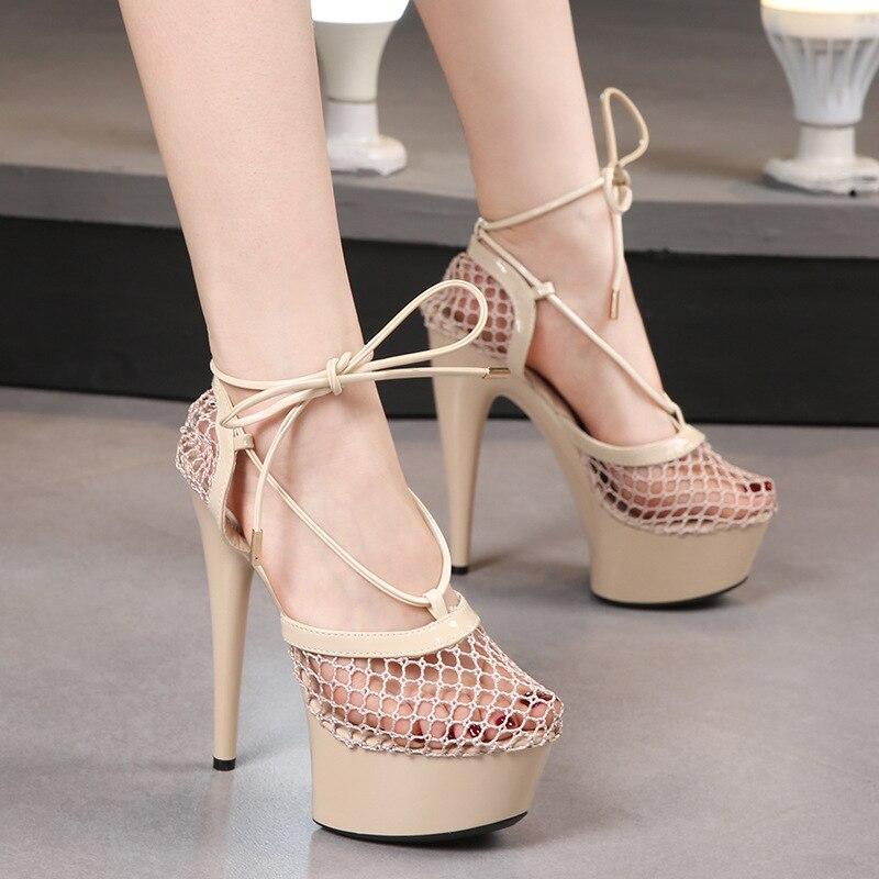 Buty damskie Casual Match Summer Hollow oddychająca siateczka cienkie sznurowane sandały seria 8661 15cm obcas 5cm platforma LFD
