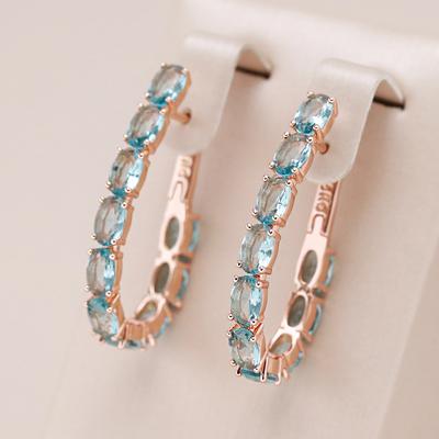 Trendige roségoldfarbene große Creolen für Damen, luxuriöse ovale blaue natürliche Zirkon-Vintage-Braut-Hochzeitsschmuck