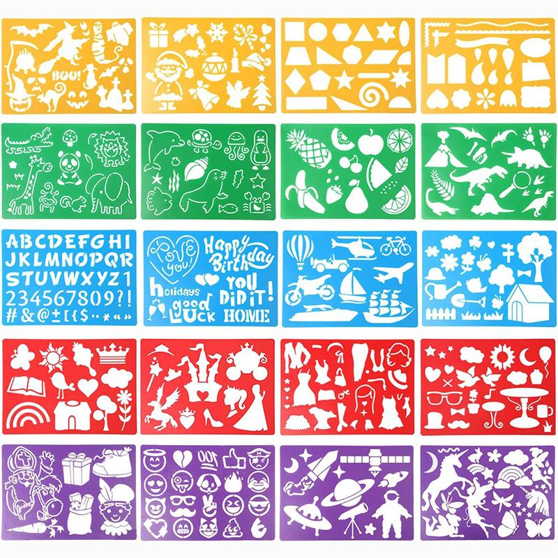 Kids Drawing Stencils Set: 20 pcs Large Plastic Templates with 300+ Patterns for Painting - Creative Gift for Girls & Boys