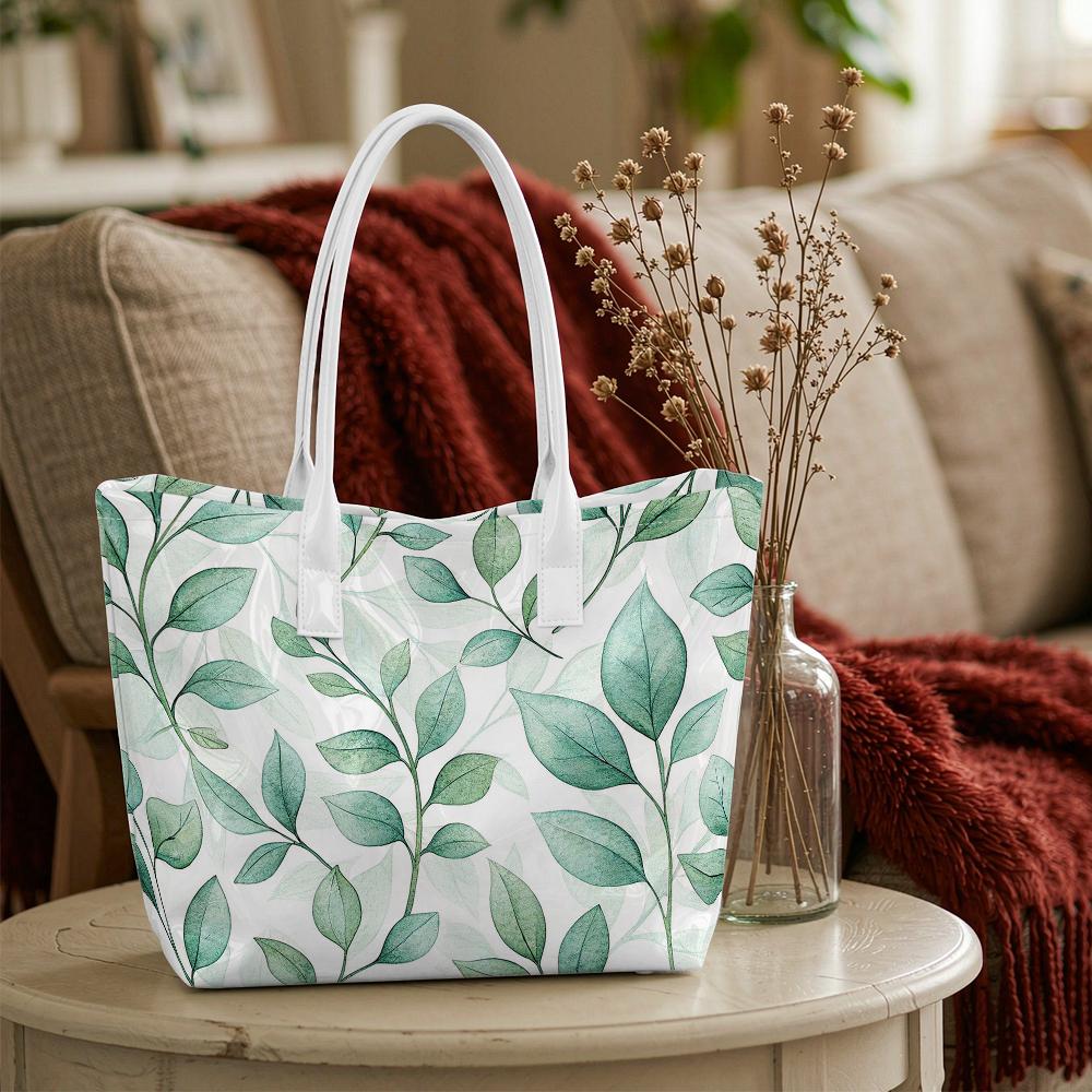 Elegant Green Leaf Print Tote Bag Casual Daily Shoulder Handbag for Women 