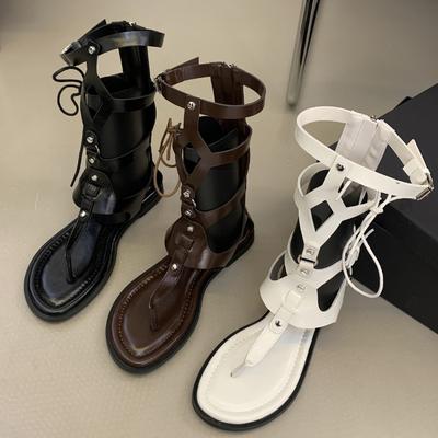 Mode Punk Klinknagel Design Mid-Kalf Zomerlaarzen Vrouwen Smalle Band Gesp Rits Achter Romeinse Gladiator Schoenen Comfort Clip Teen Moderne Laarzen