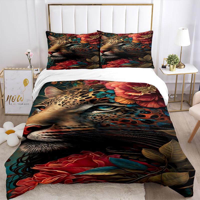3pcs Leopard Floral Print Duvet Cover Set -Includes 1 Duvet Cover and 2 Pillowcases, No Quilt Core, All-Season Home Decor  Yy251111164