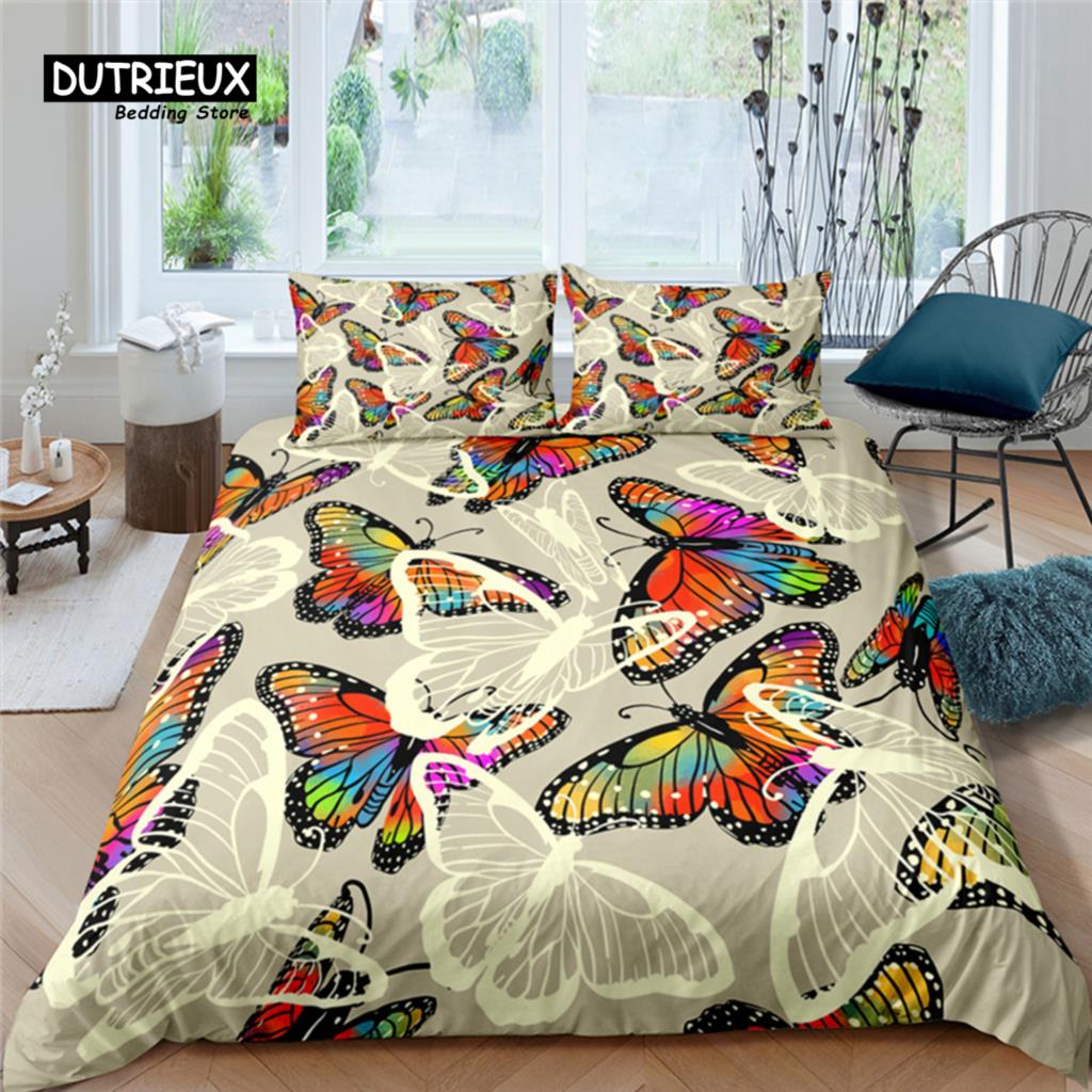 Home Living Luxury Butterfly Print 2/3Pcs Soft Duvet Cover PillowCase Queen Size and King Size Kids Bedding Set EU/US/AU Size