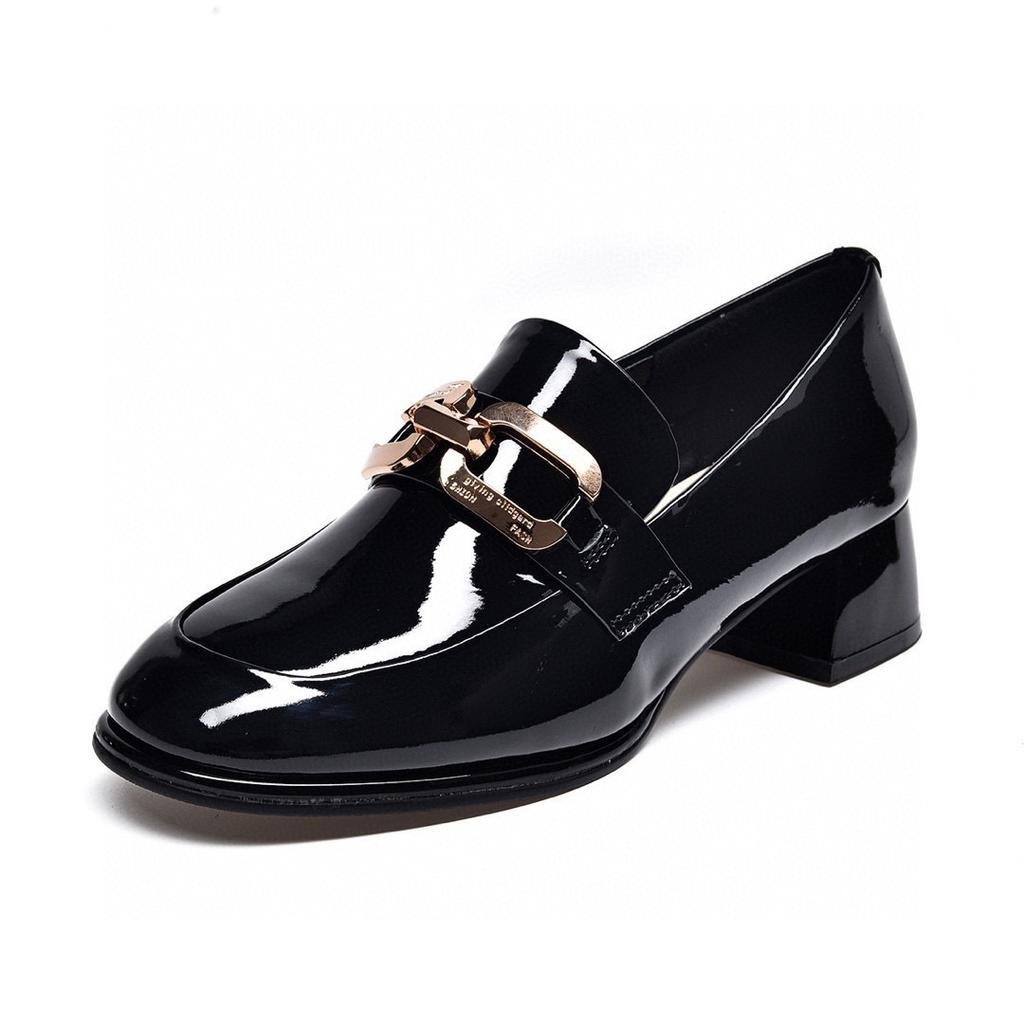 Autumn new one-pedal fashionable small single shoes round head thick heel cow patent leather square buckle women's shoes