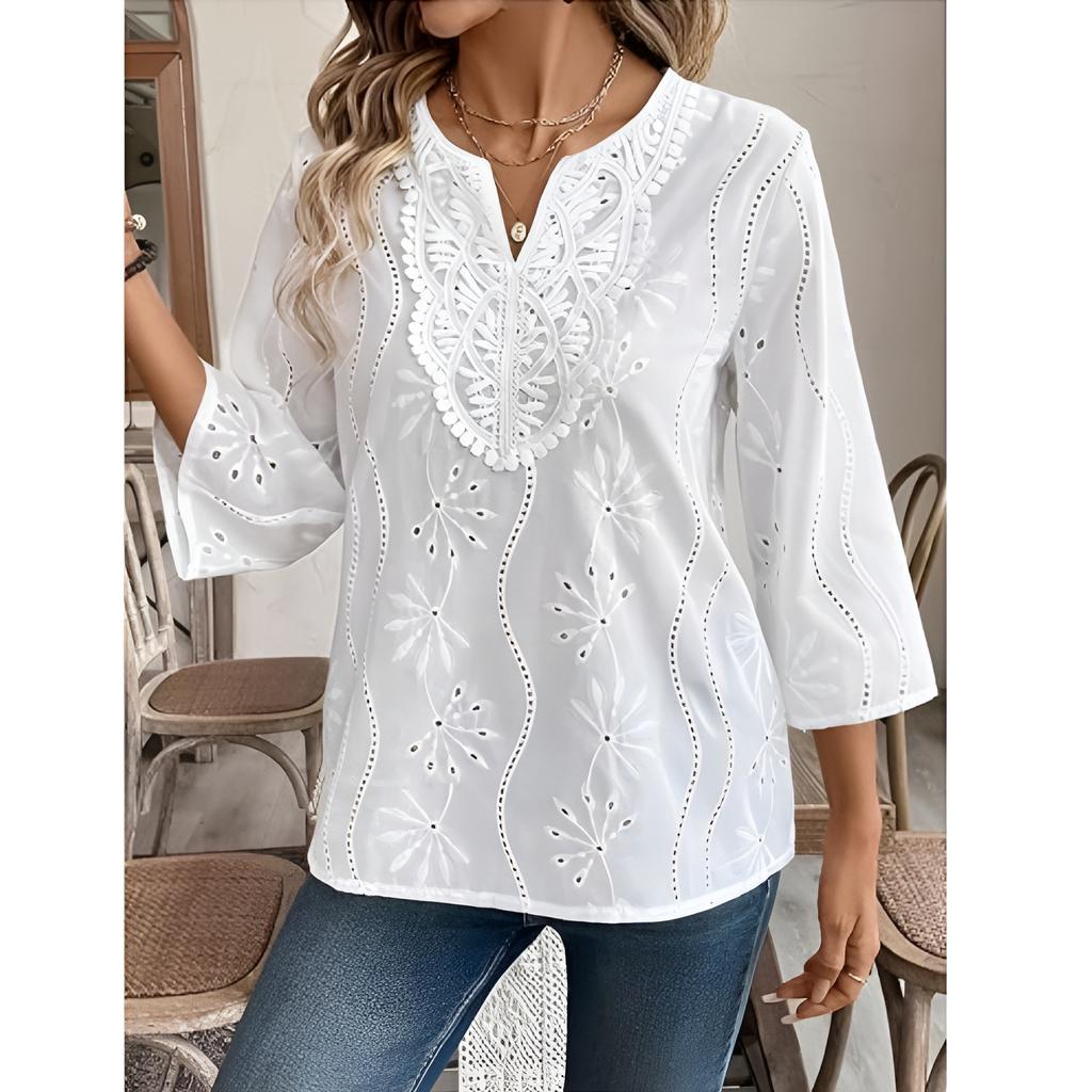 Women's Eyelet Embroidery 3/4 Sleeve Summer Notched Neck Boho Blouse Top