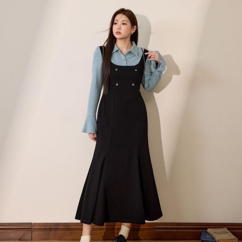 

Blue Language Plus-Size Women s Clothing, Fat-Friendly French Elegant Faux Two-Piece Dress, 2026 Spring Slimming and Body-Covering A-Line Long Dress Black, in Stock 2XL