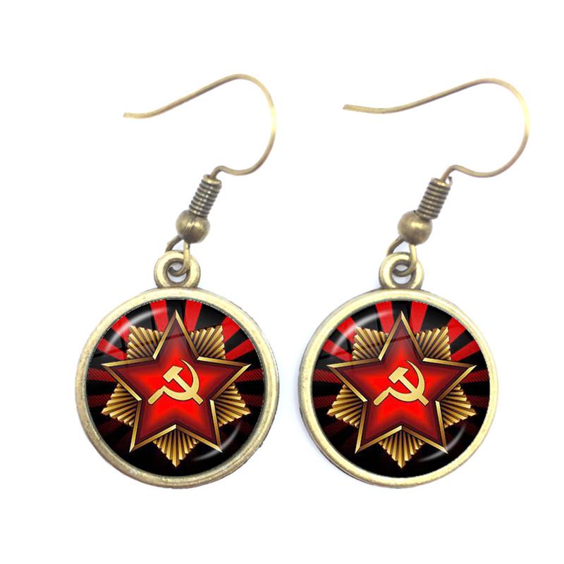 Soviet USSR Stalin Lenin Drop Earrings Classic Red Star Hammer Sickle Communism Emblem CCCP Glass Cabochon Ear Jewelry For Women