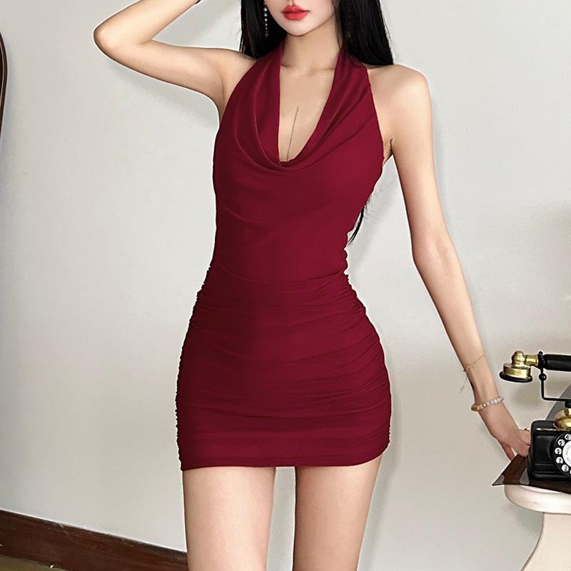 Women's Sexy Fashion Royal Sister Wind Hanging Neck Swing Back Slim Pleated Dress