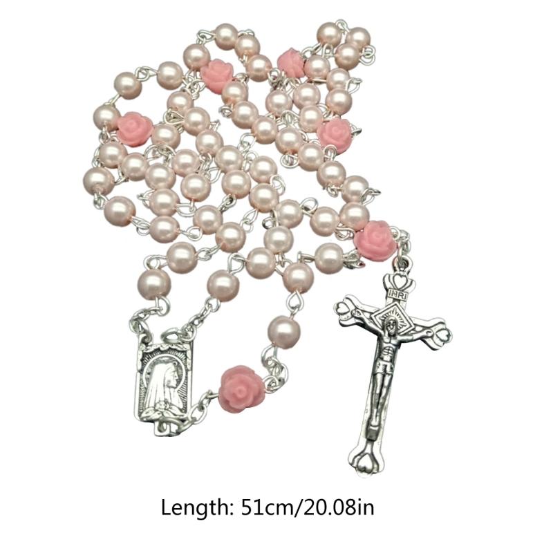Elegant Cross Bead Necklace Rose Flower Glass Rosary Necklace Religious Jewelry Christian Prayer Beads Clavicle Chain
