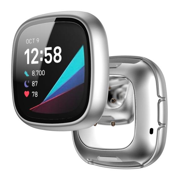 

Matte Protective Case with Tempered Glass for Fitbit Versa 4/3/Sense 1/2 Versa 4 серебряный серый