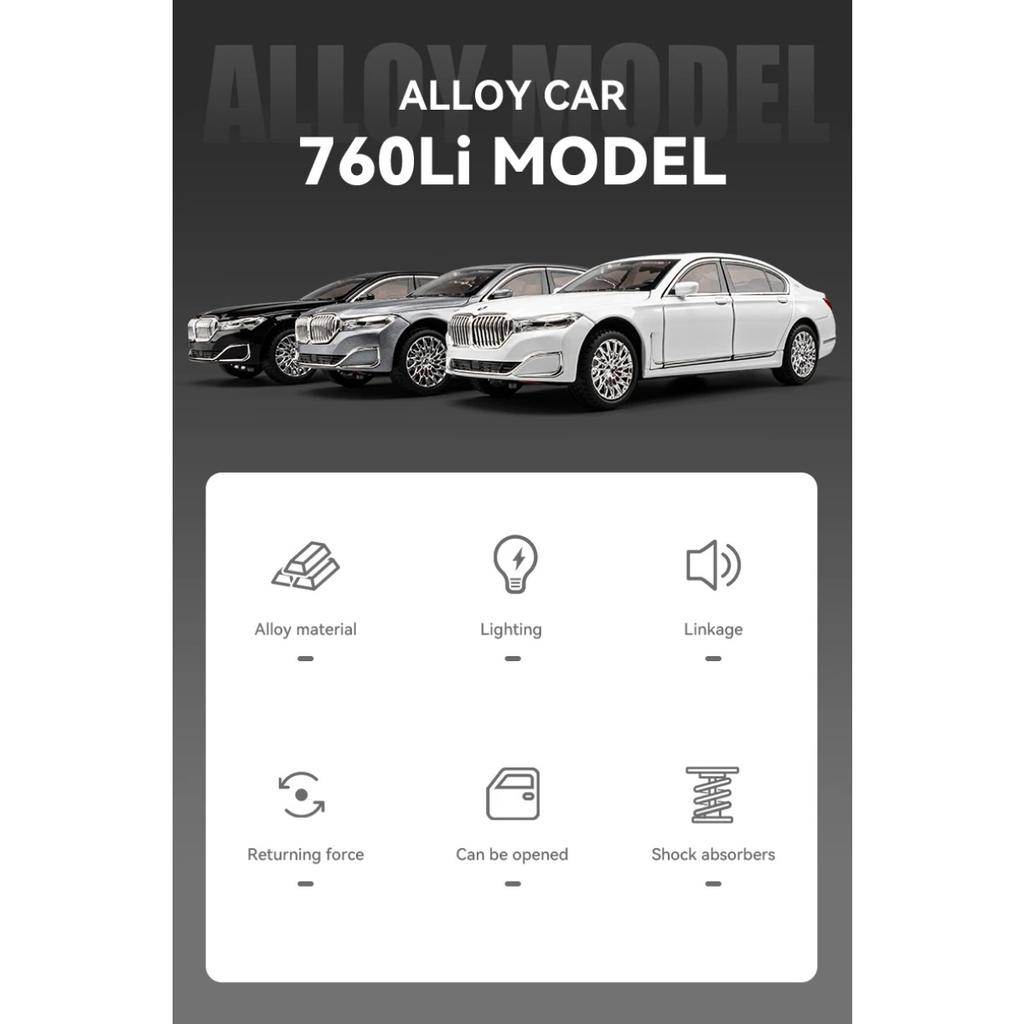 1/24 BMW 760 THE7 Limousine Alloy Miniature Car Diecast Metal Scale Car Model Sound and Light Collection Children Toy Vehicles Gifts