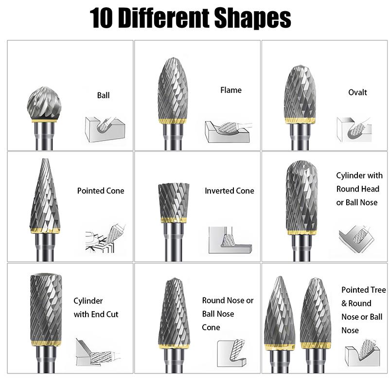 Carbide Burr Set 10PCS 1/8" Shank Double Cut Tungsten Carbide Rotary Burrs Set with Dremel Bits for Metal Wood Carving Polishing