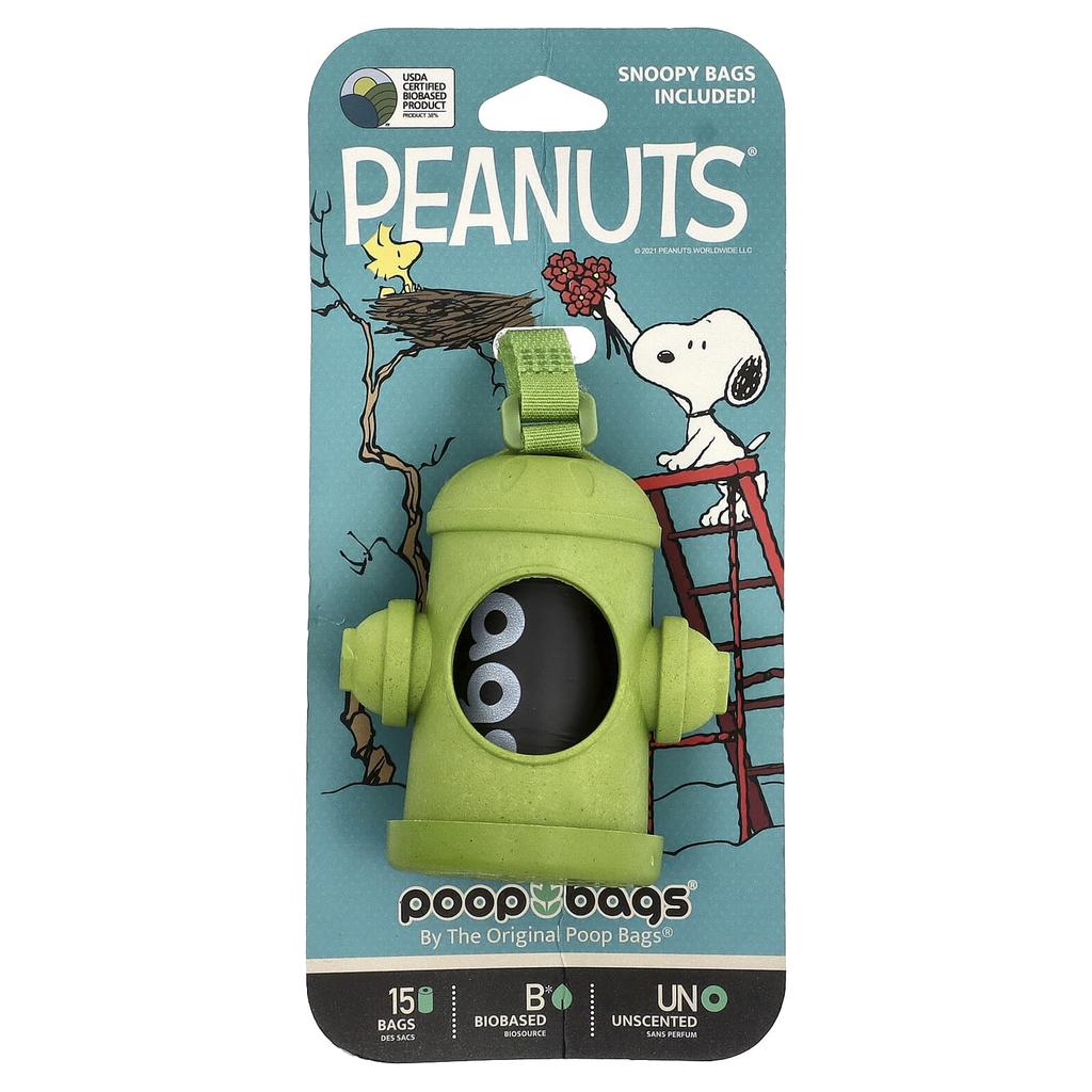 Original Poop Bags, Peanuts®, Bag Dispenser, Green, Snoopy Bag, Unscented, 1 Count, 15 Bags