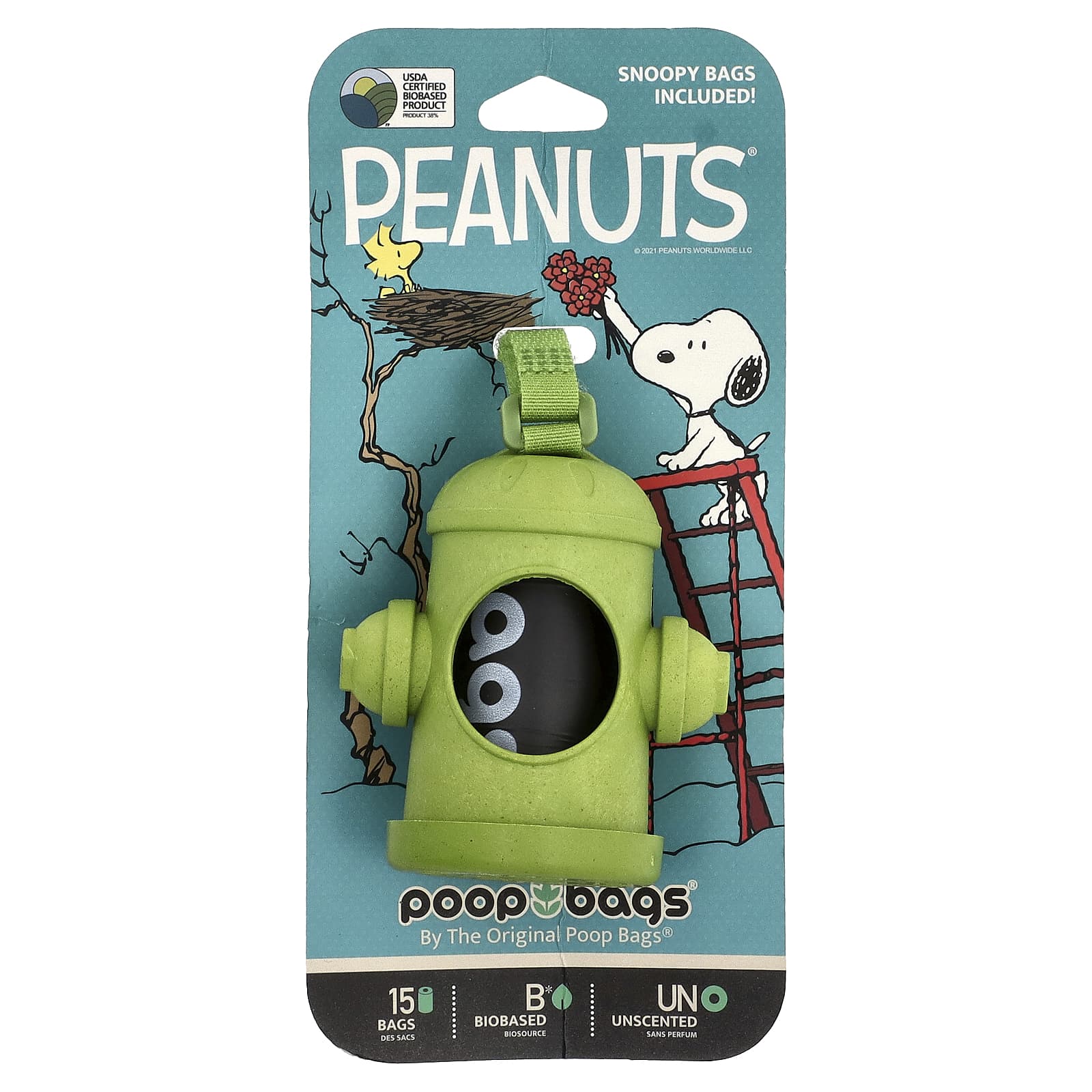 

Original Poop Bags, Peanuts®, Bag Dispenser, Green, Snoopy Bag, Unscented, 1 Count, 15 Bags