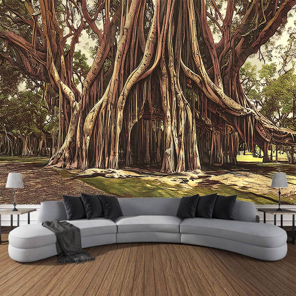 Ancient tree landscape tapestry, retro oil painting wall hanging, Bohemian home art decoration, living room and bedroom tapestry