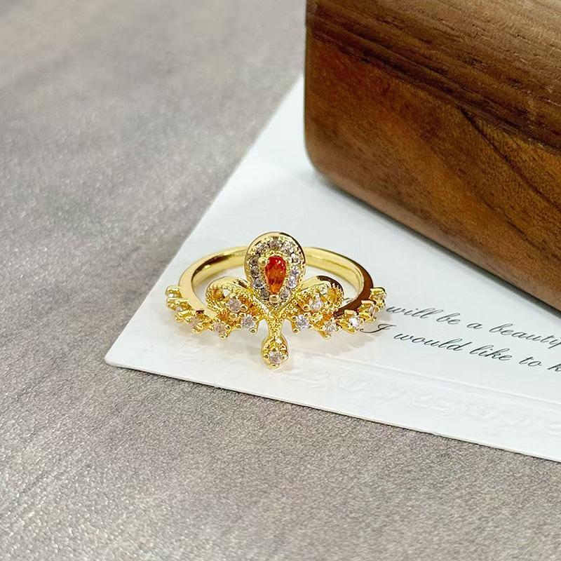 Medieval Vintage Orange Red Zircon Inlaid Simple Open Ring Female Retro Flower Temperament Niche Index Finger Ring