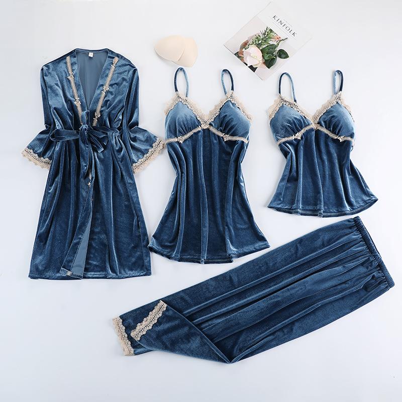 Burgunder Velours Pyjama Anzug Frauen 4PCS Kimono Robe Nachthemd Set Nachtwäsche Dame Winter Warm Gestreiften Gold Samt Bademantel Kleid